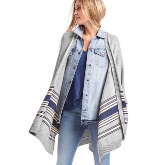 GAP Gray Wool Camel Blend Open Striped Sweater Poncho Heater Gray, White Navy - Picture 4 of 15